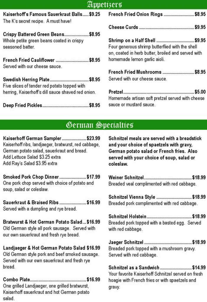 Kaiserhoff menu page 1