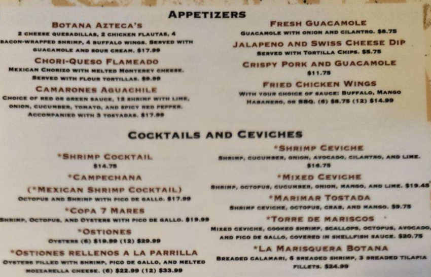 Aztecas Mexican menu page 1
