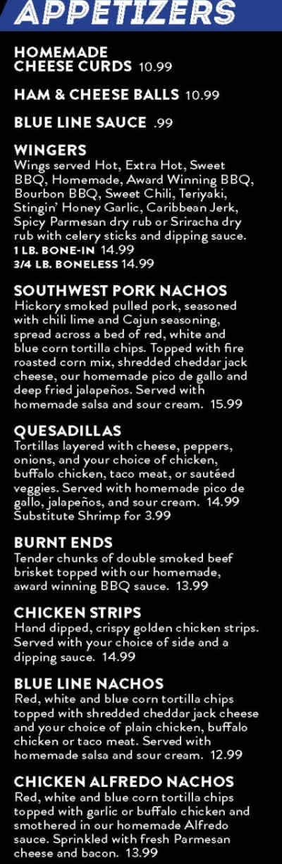 Blue Line Sports Bar & Grill menu page 1