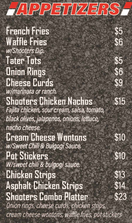Shooters Saloon & Eatery menu page 1