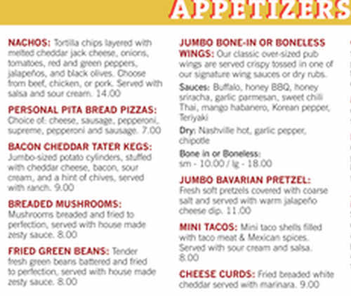 Danny's Dugout menu page 1