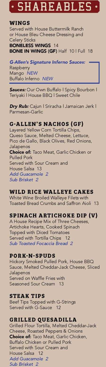 G Allen's menu page 1