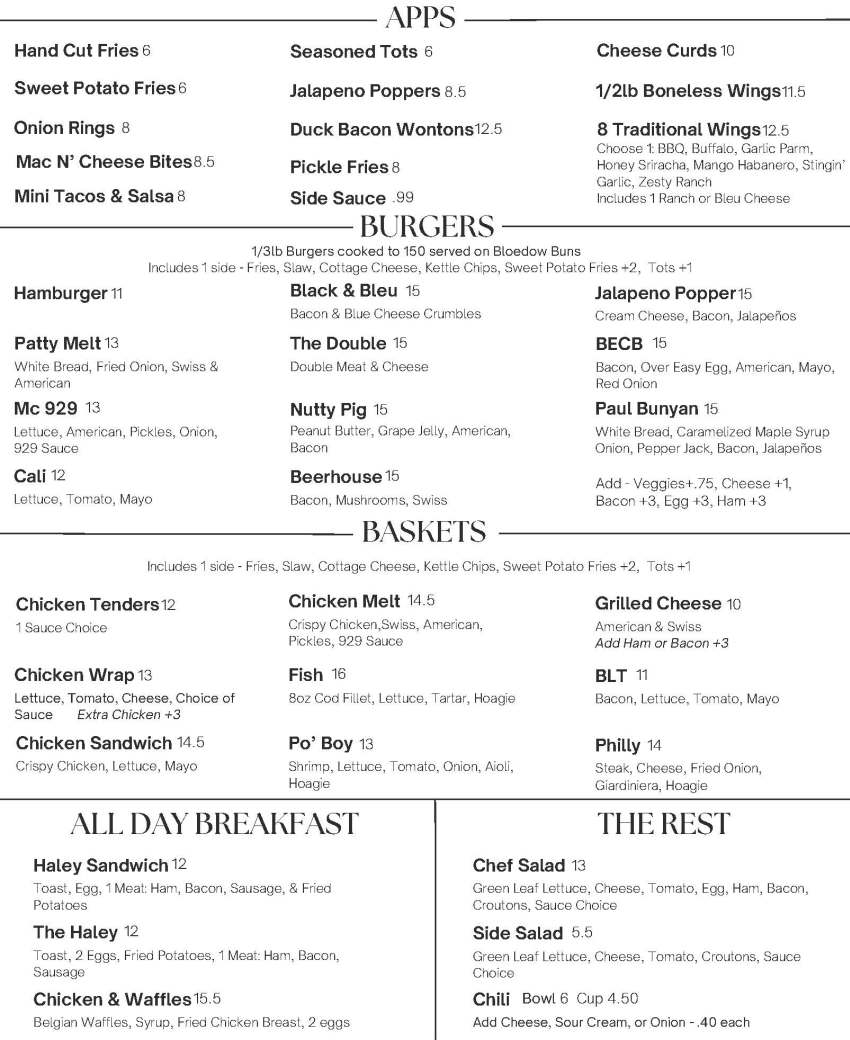 929 Beer House & Grill menu page 1