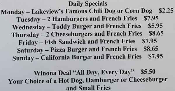 Lakeview Drive Inn menu page 1