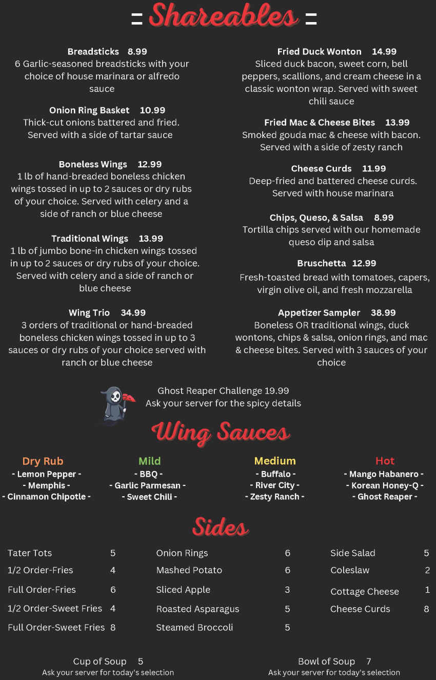 River City Grill menu page 1