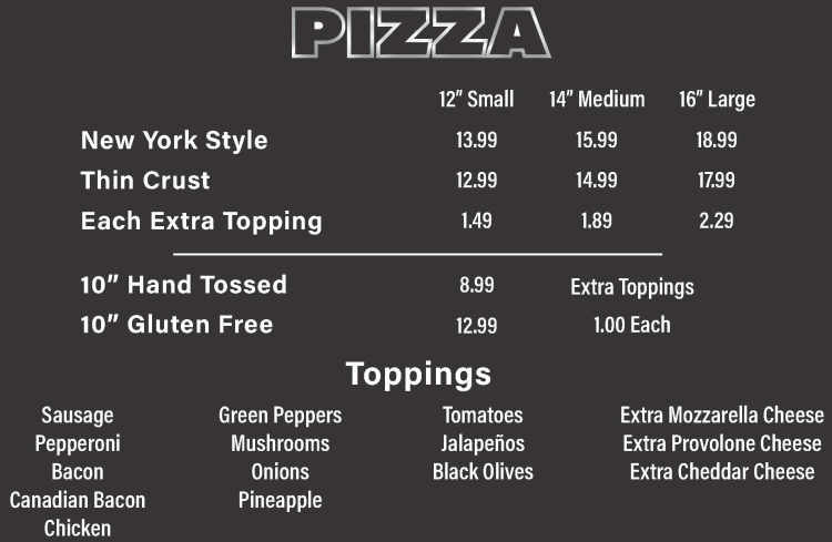 ZaZa's Pub & Pizzeria menu page 1