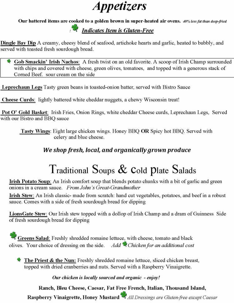 Monarch Public House menu page 1