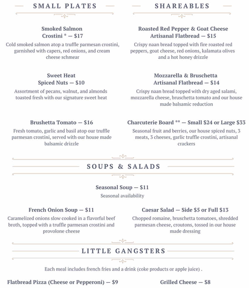 Capone's Speakeasy menu page 1