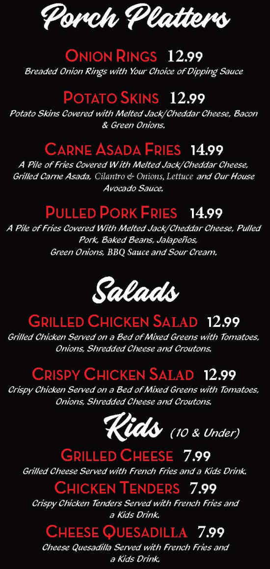 Pickin Porch Grill menu page 1