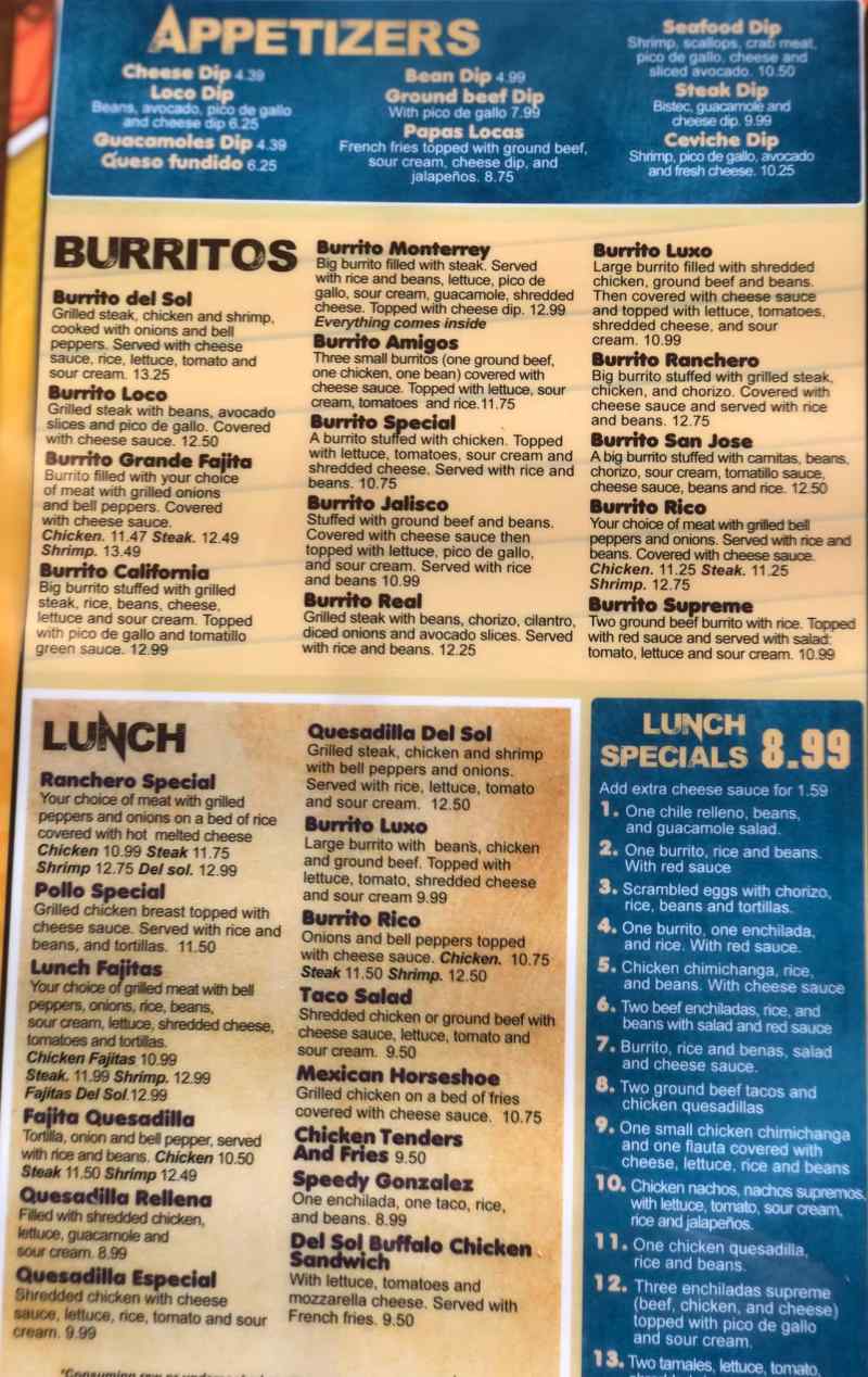 Del Sol Mexican menu page 1