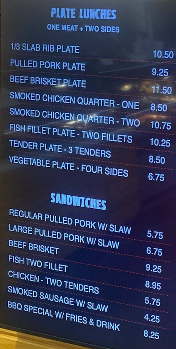 B's Hickory Smoke BBQ menu page 1