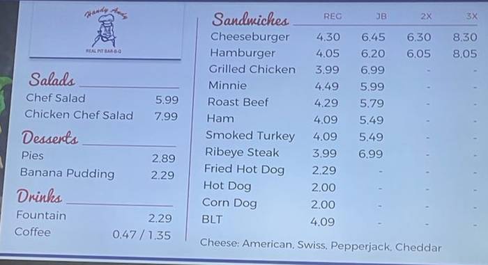 Handy Andy menu page 1