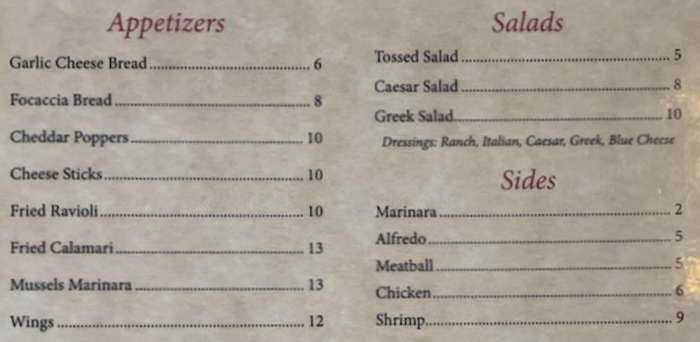 Amore Italian Ristorante menu page 1