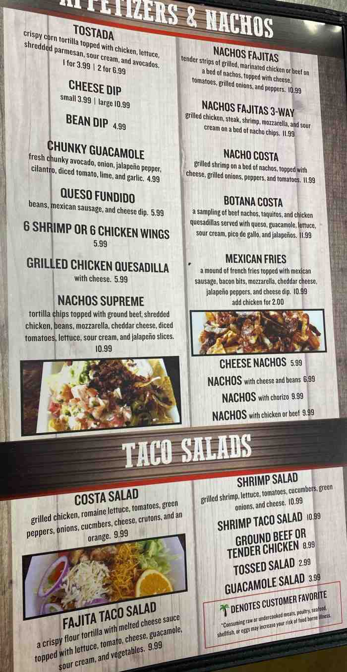 Costa Mexican menu page 1