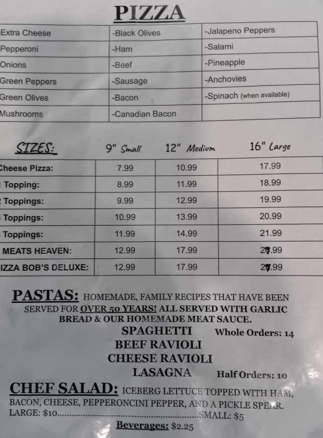 Pizza Den menu page 1