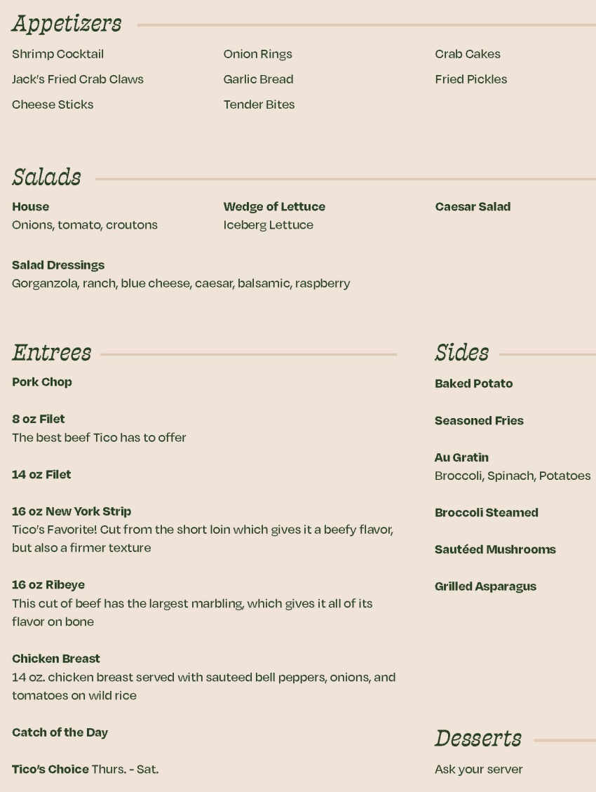 Tico's Steakhouse menu page 1