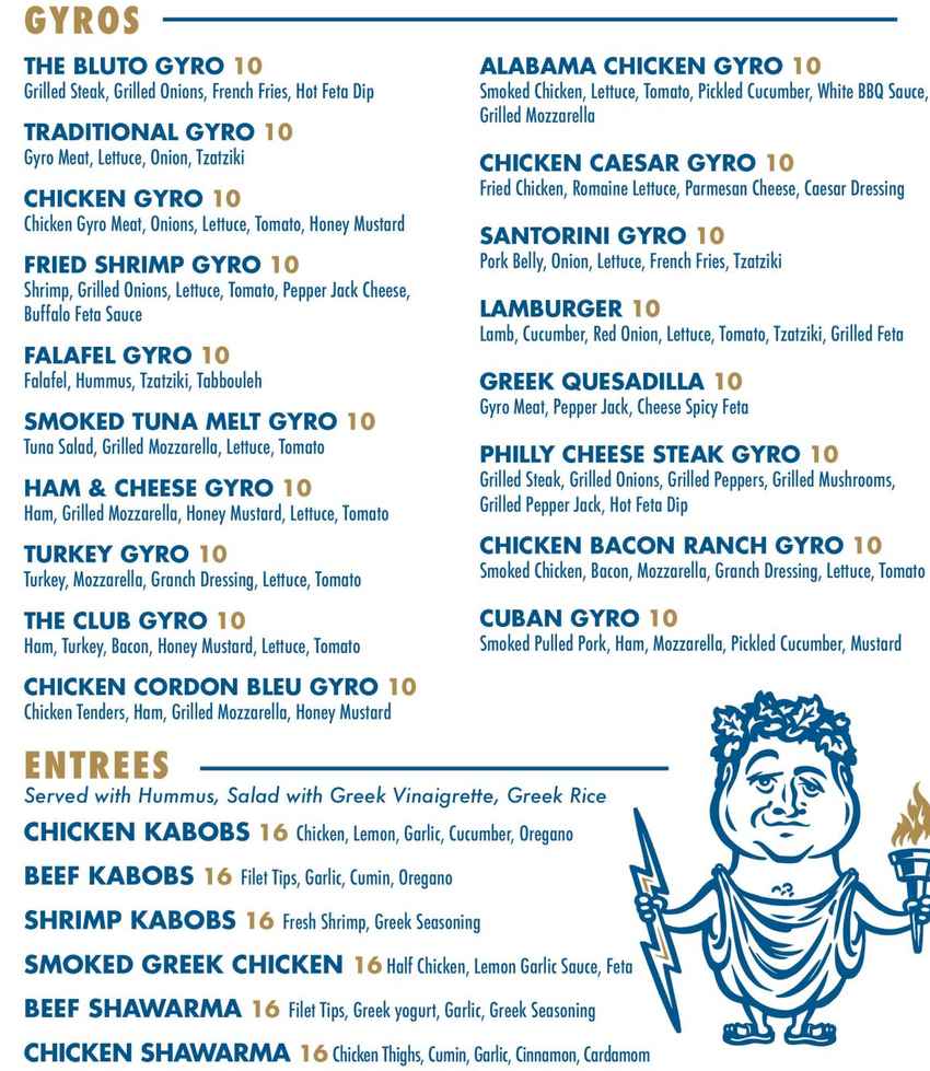 Bluto's menu page 1