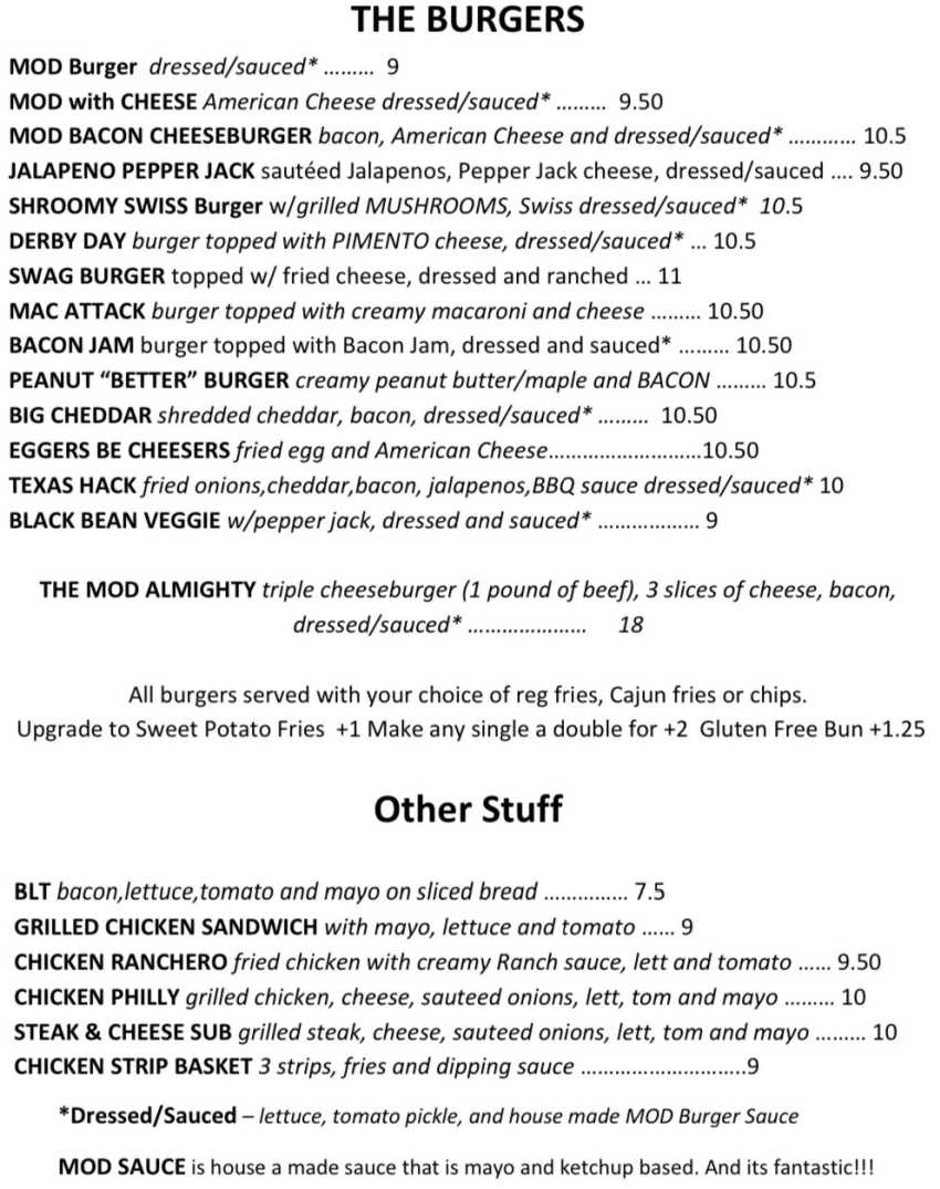 MOD Burger Co menu page 1
