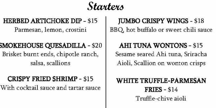 Meadow Lake Bar & Grille menu page 1