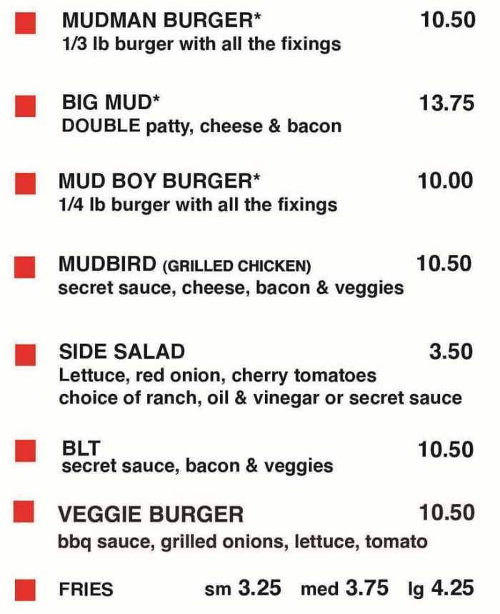 Mudman Burgers menu page 1