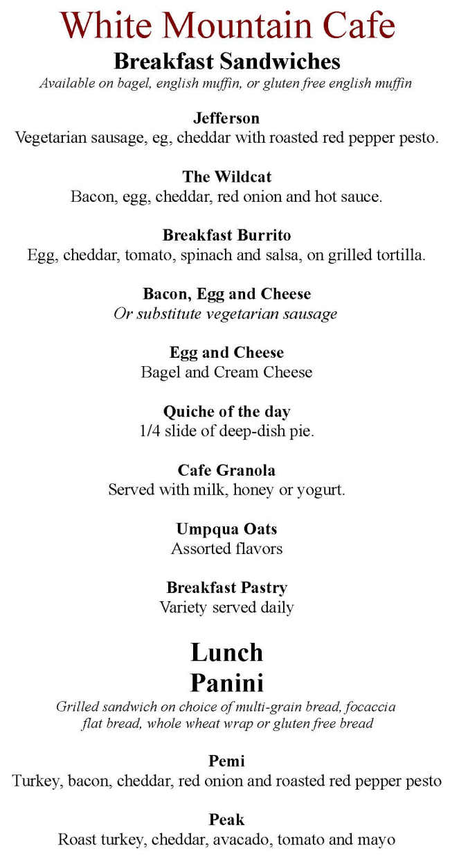 White Mountain Cafe & Bookstore menu page 1