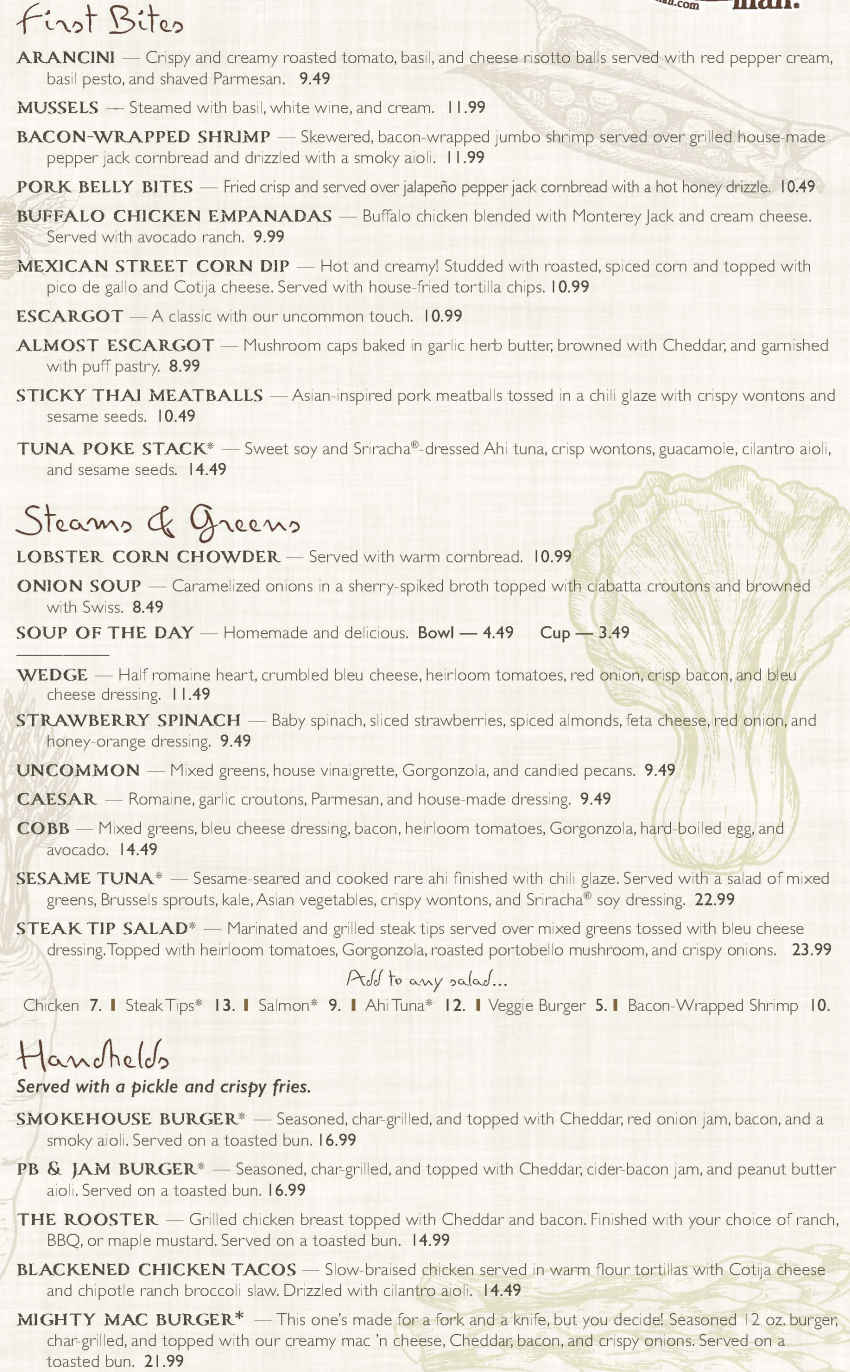The Common Man Restaurant menu page 1
