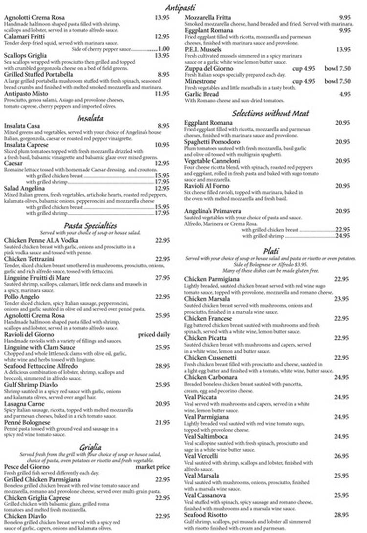 Angelina's Ristorante menu page 1