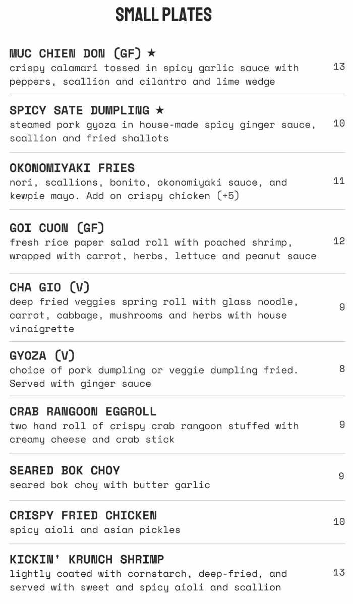 Buba Kitchen menu page 1