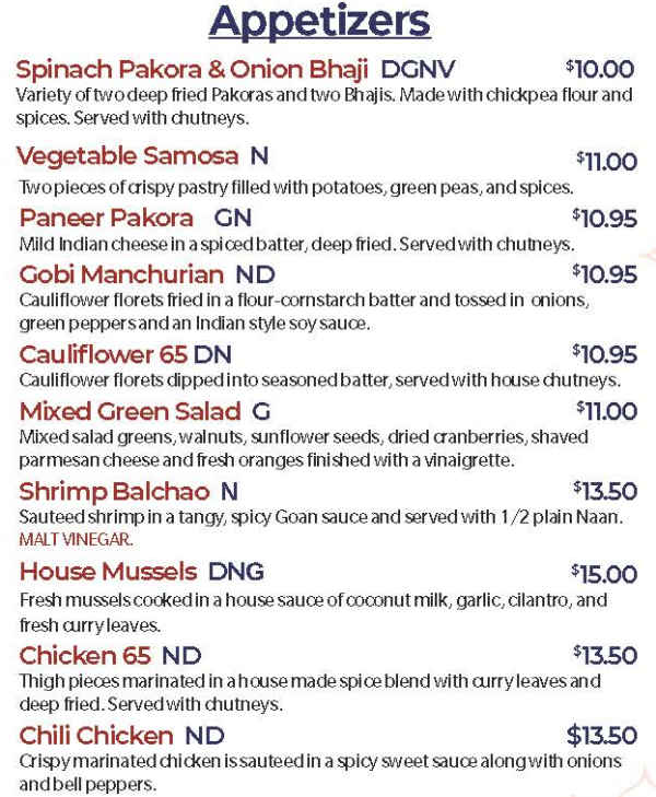 Destination India menu page 1