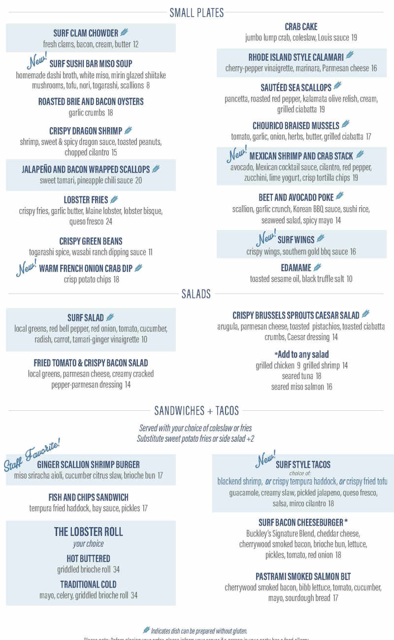 Surf Seafood menu page 1