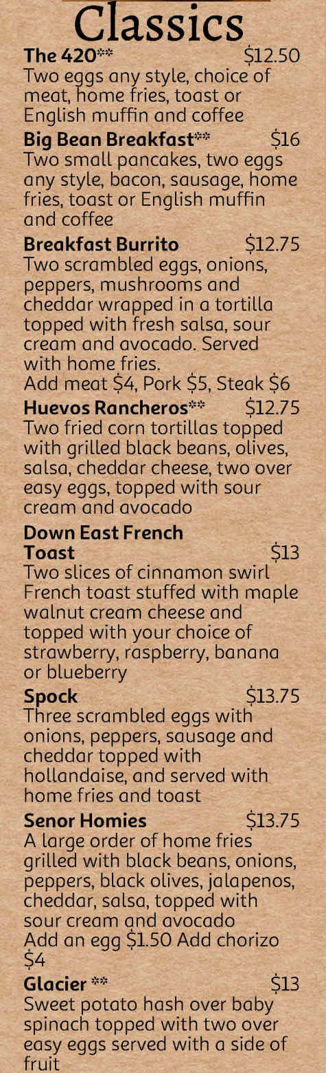 The Big Bean menu page 1