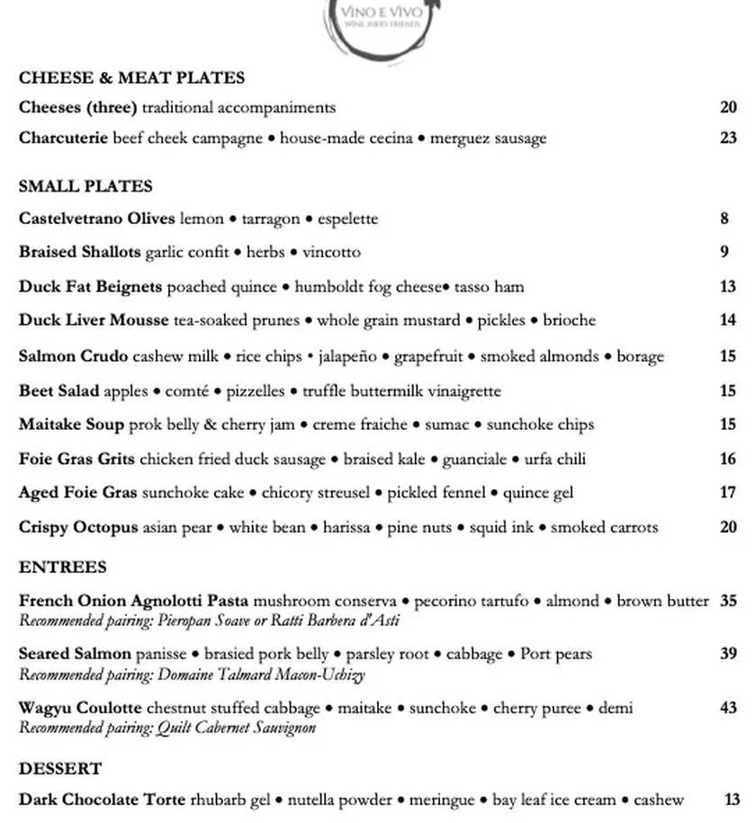 Vino e Vivo menu page 1