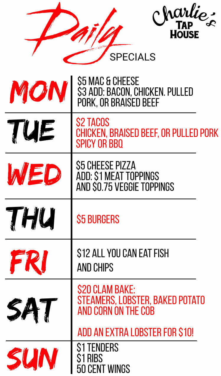 Charlie's Tap House menu page 1