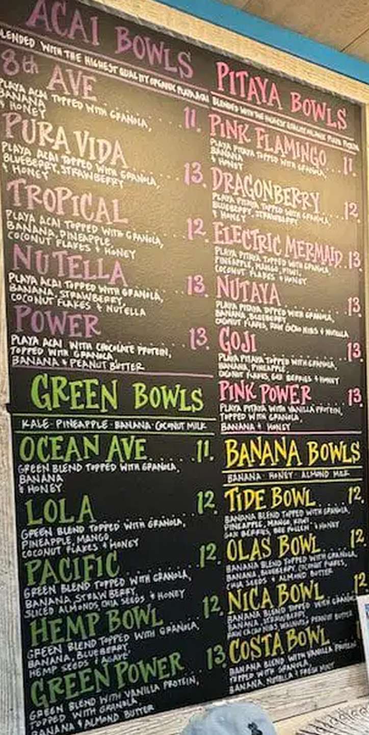 Playa Bowls menu page 1
