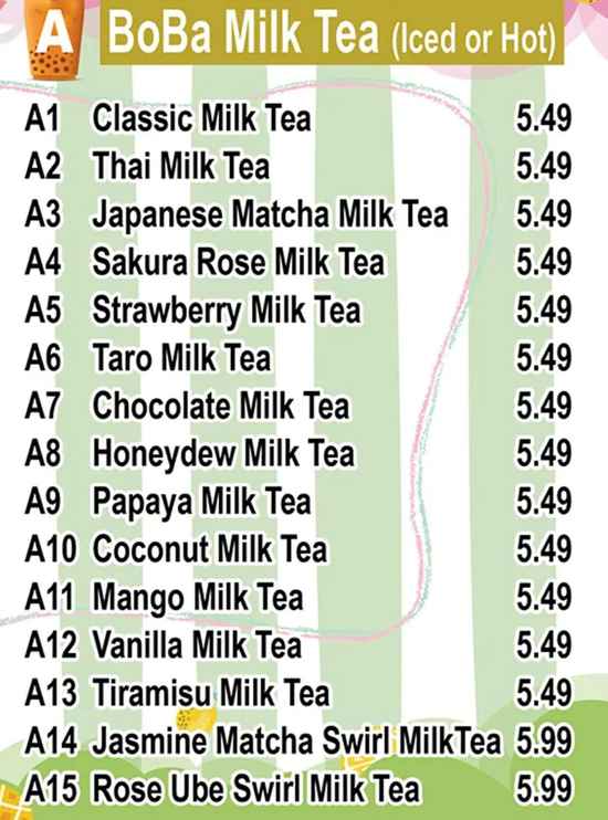 4U Bubble Tea menu page 1