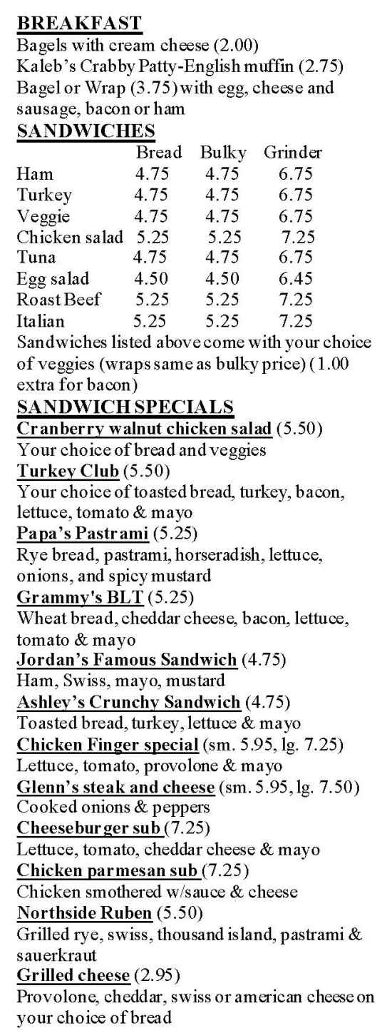 Cutting's Northside Cafe menu page 1