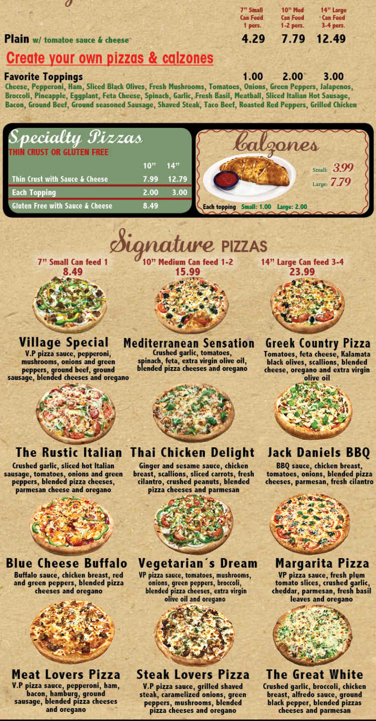 Village Pizza & Grill menu page 1
