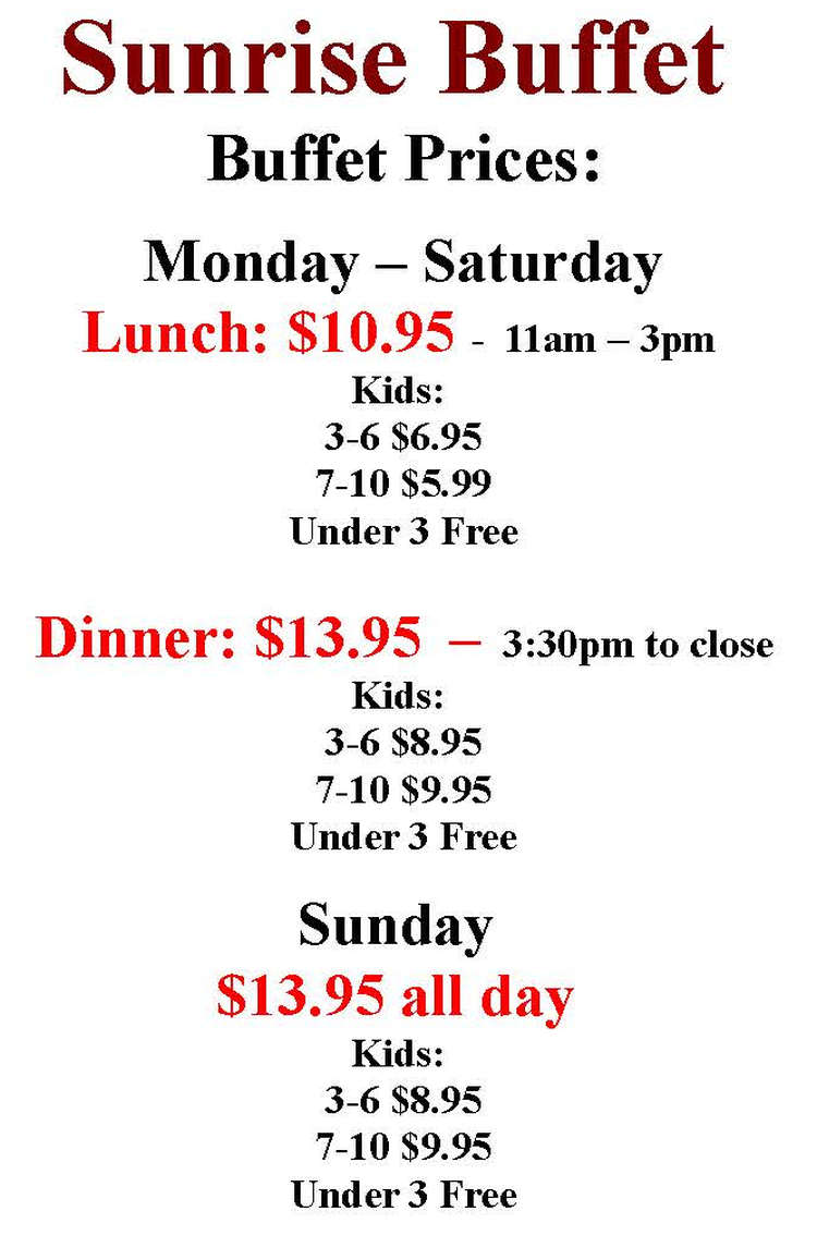 Sunrise Buffet menu page 1