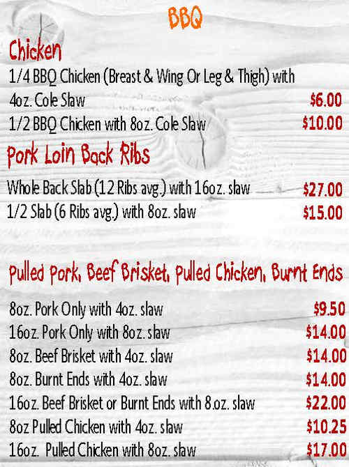 Big Fatty's BBQ menu page 1