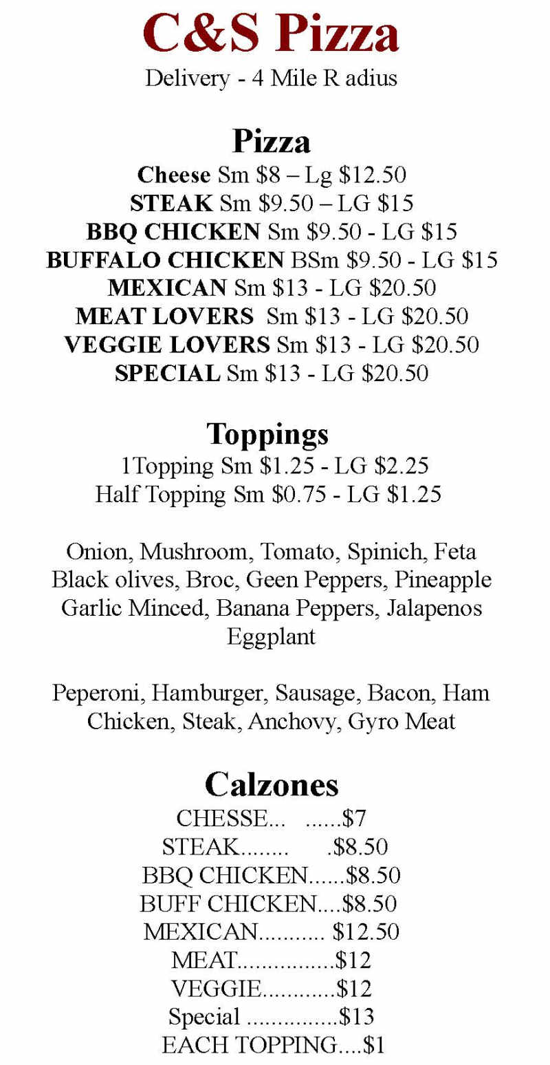 C & S Pizza menu page 1