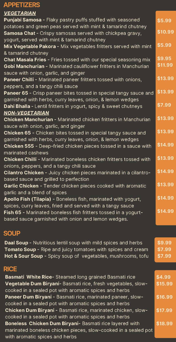 Tumeric Kitchen menu page 1