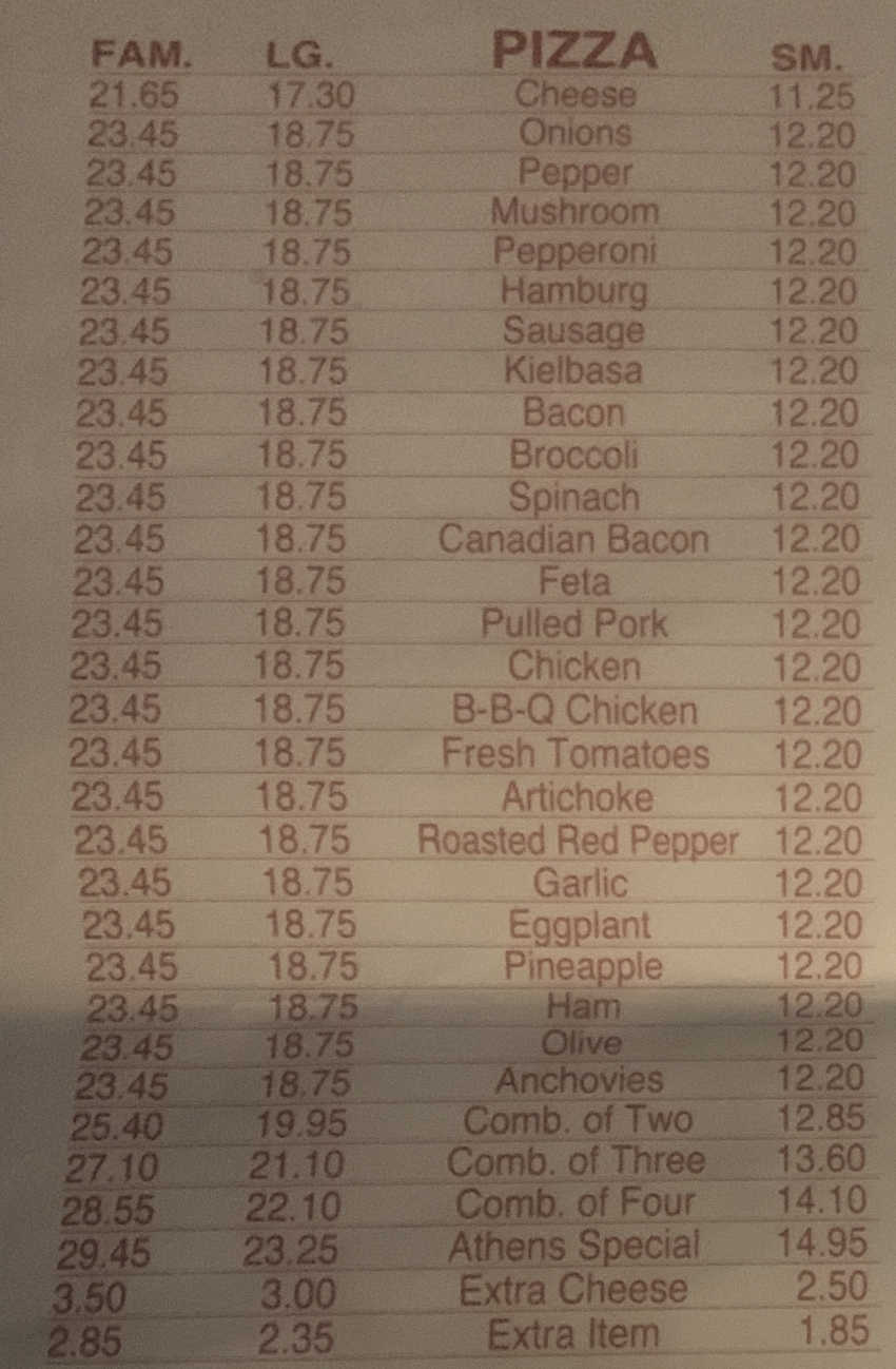 Athens Pizza menu page 1