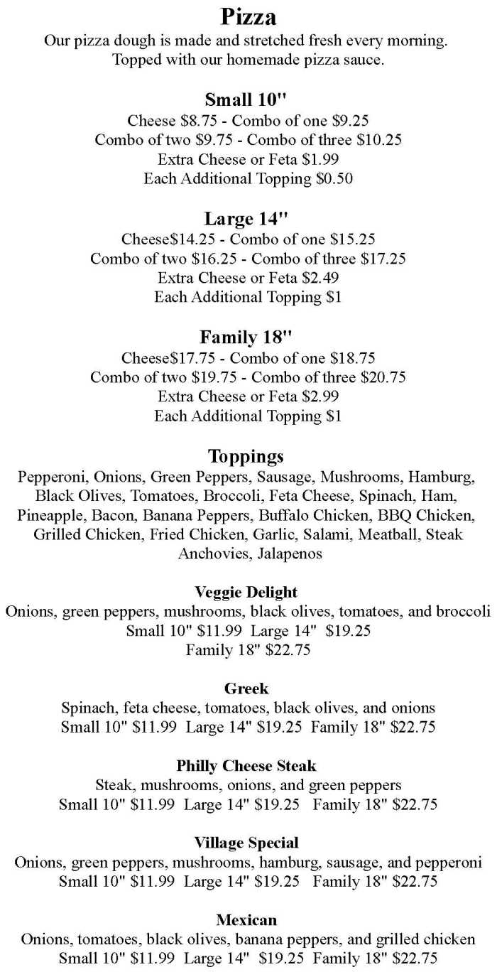 Cheshire Village Pizza menu page 1