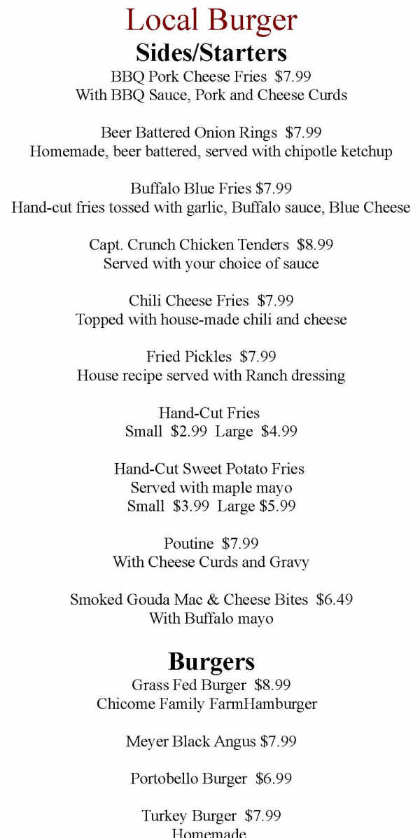 Local Burger menu page 1