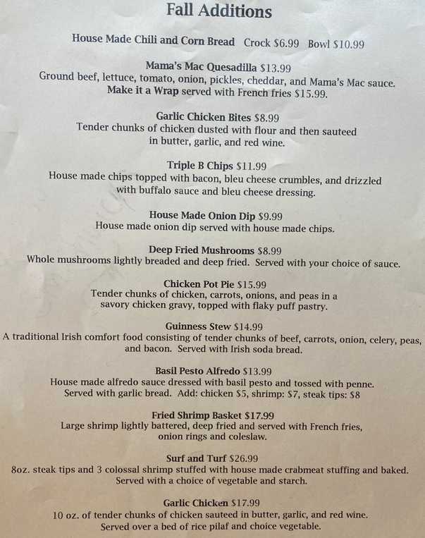 Mama McDonough's Irish Pub menu page 1