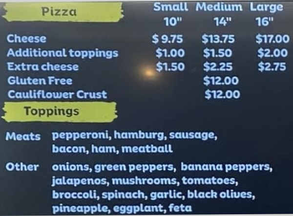 Pizza Down Under menu page 1