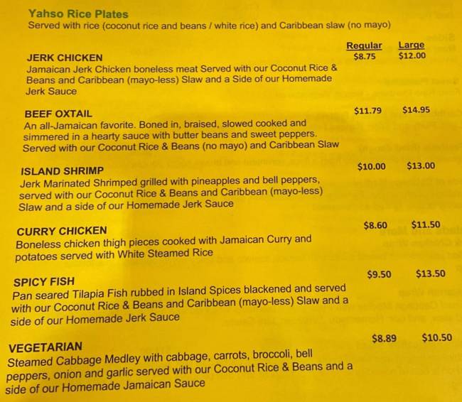 Yahso Jamaican Grille menu page 1