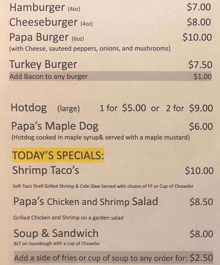 Papa's Kitchen menu page 1