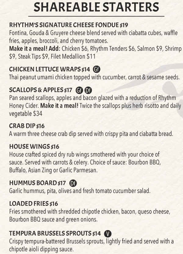 Rhythm Tap & Grille menu page 1