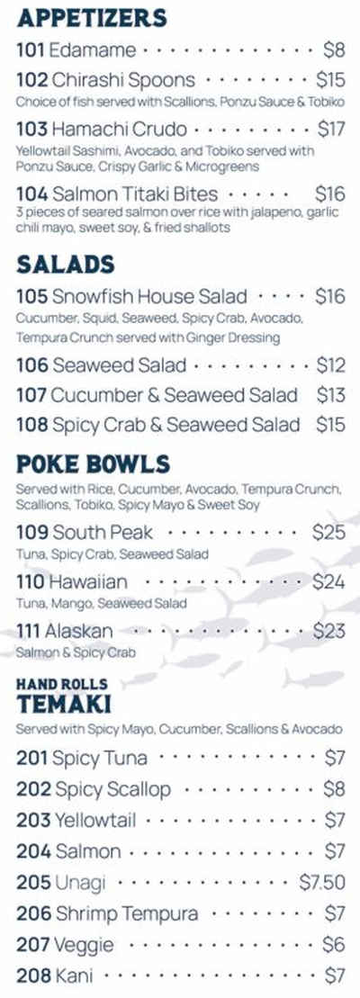 Snowfish Sushi menu page 1